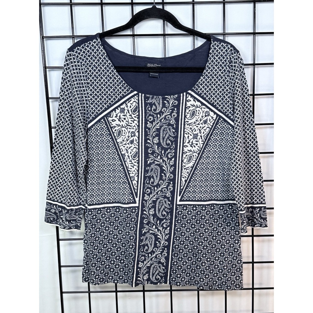 LUCKY BRAND NASHVILLE TRELLIS T-Shirt Womens L Blue Paisley‎ Casual Boho Cottage
